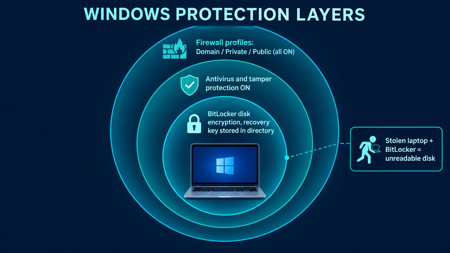 Concentric layers around a laptop: outer firewall profiles Domain, Private and Public all on; middle antivirus and tamper protection on; inner BitLocker disk encryption with recovery key stored in directory. Callout: stolen laptop plus BitLocker equals unreadable disk.