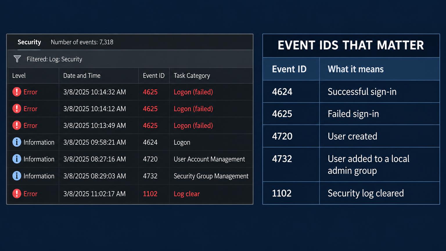 Left: Security log viewer with three failed logons 4625 in red, a 4624 logon, 4720 user account management, 4732 security group management, and a red 1102 log clear. Right: table of event IDs: 4624 successful sign-in, 4625 failed sign-in, 4720 user created, 4732 user added to a local admin group, 1102 security log cleared.