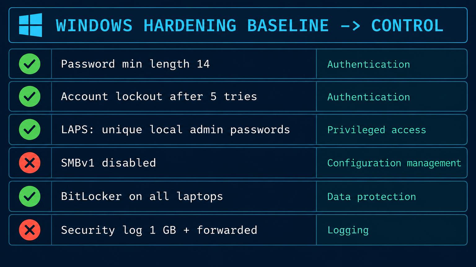 Table: password min length 14 (authentication) green, account lockout after 5 tries green, LAPS unique local admin passwords (privileged access) green, SMBv1 disabled (configuration management) red, BitLocker on all laptops (data protection) green, Security log 1 GB plus forwarded (logging) red.