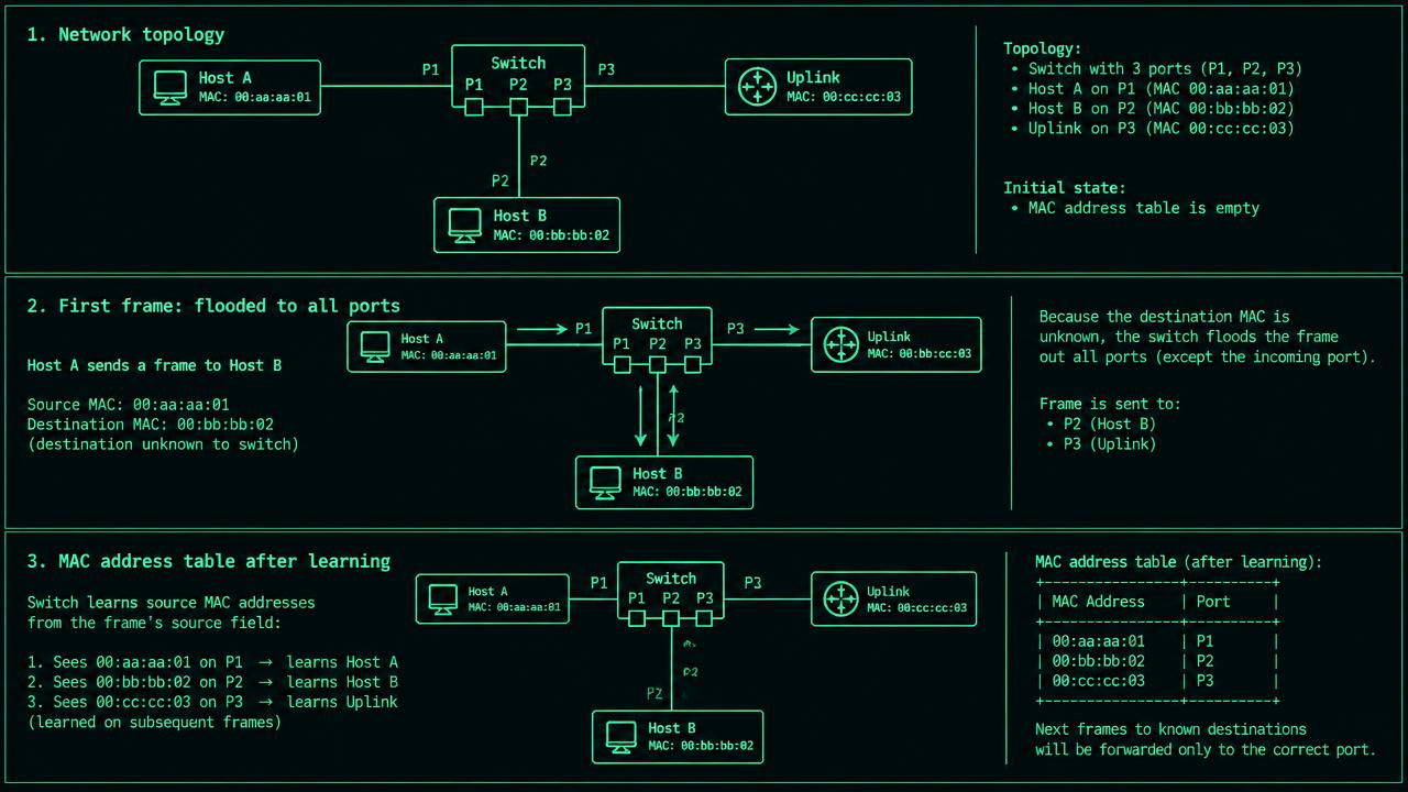 A switch with ports p1, p2 and p3 in VLAN 20 connects terminal A, terminal B and an uplink. First-frame arrows run from p1 to p2 and p3. A reply arrow runs p2 to p1. Two table snapshots show source MAC learning before and after the reply.