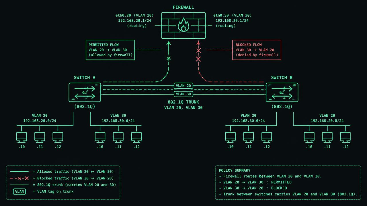 Two switches share an 802.1Q trunk labelled tagged VLANs 20 and 30, native VLAN 999 unused. Reception ports belong to VLAN 20 and clinical ports to VLAN 30. A routed firewall above the switches shows one permitted appointment-service arrow and one blocked clinical-administration arrow from reception.