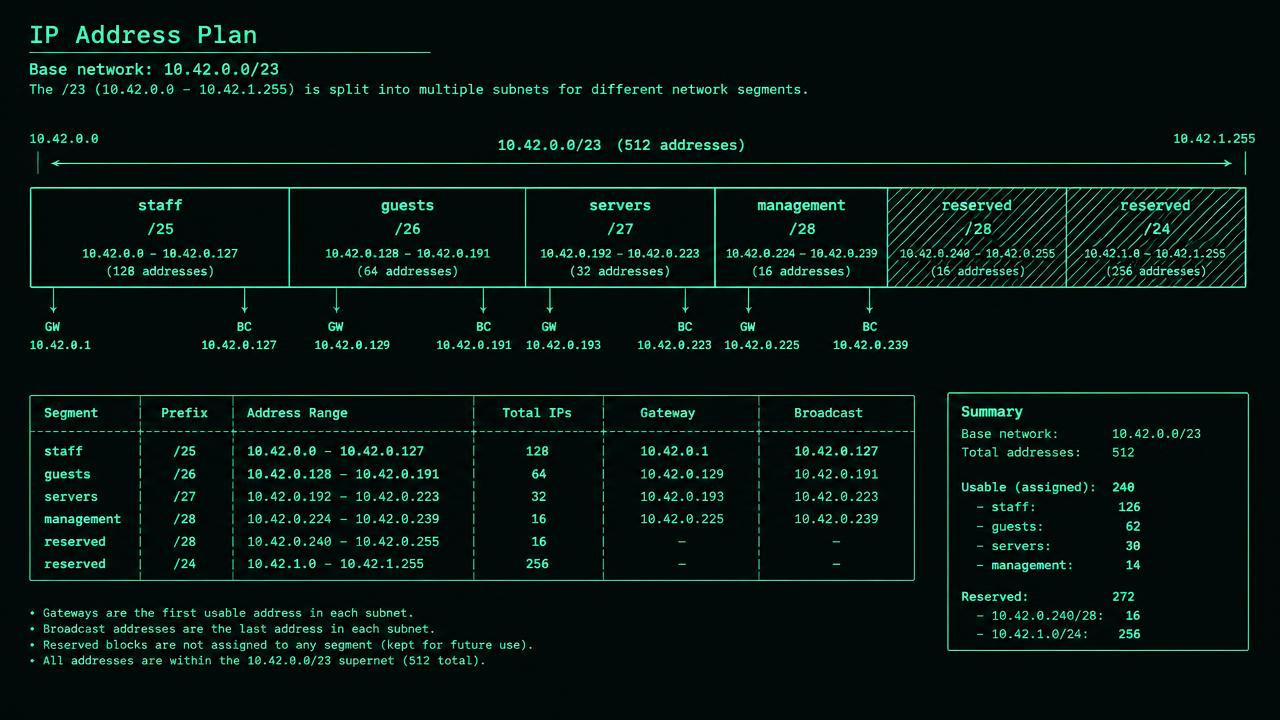 A horizontal address bar labelled 10.42.0.0/23 contains staff .0/25, guests .128/26, servers .192/27 and management .224/28. Each block shows gateway and broadcast endpoints. Two hatched reserved blocks show 10.42.0.240/28 and 10.42.1.0/24, with a legend distinguishing usable and reserved addresses.