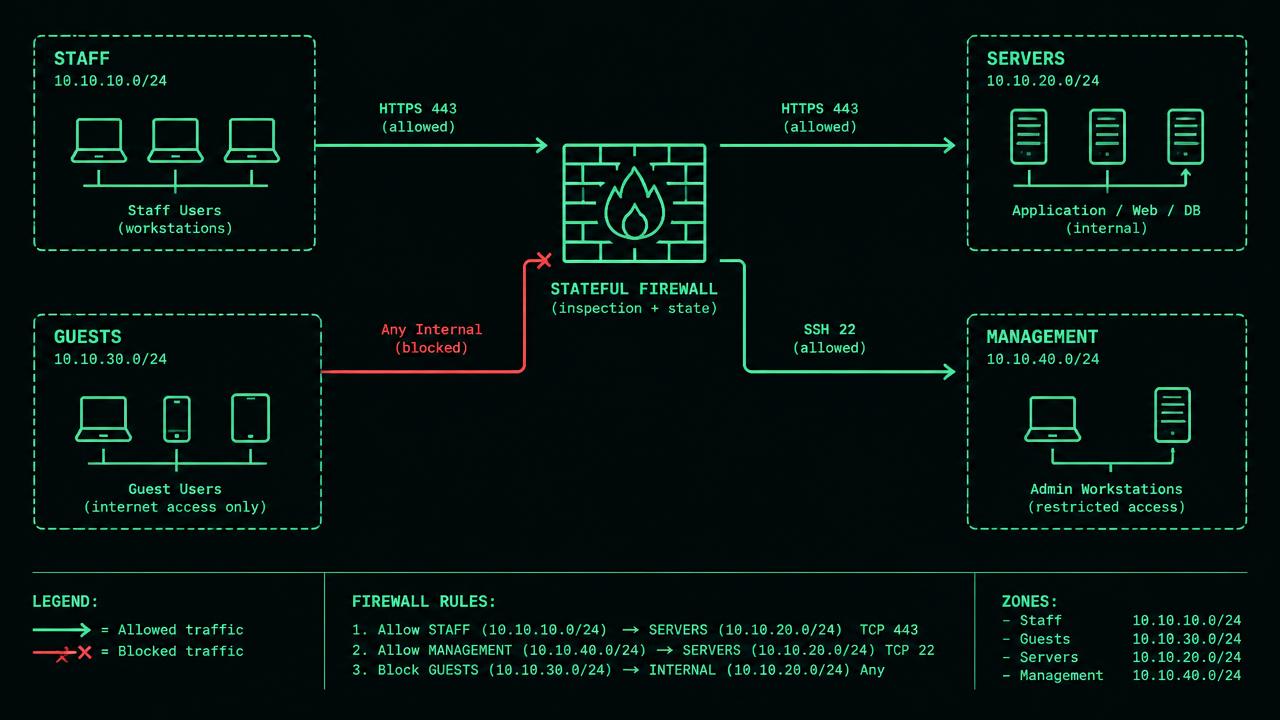 Four boxes show staff .0/25, guests .128/26, servers .192/27 and management .224/28 around a stateful firewall. Green arrows label staff to application .200 TCP 443 and management to .200 TCP 22. A guest arrow to the company /23 is crossed out; a public TCP 443 arrow exits right.