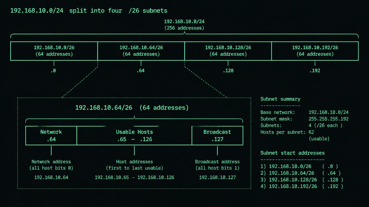 Horizontal address bar labelled 192.168.10.0/24 split into four equal /26 blocks starting at .0, .64, .128, .192. Expand the second block to show network .64, usable hosts .65 through .126, and broadcast .127; an arrow places host .70 inside this block.