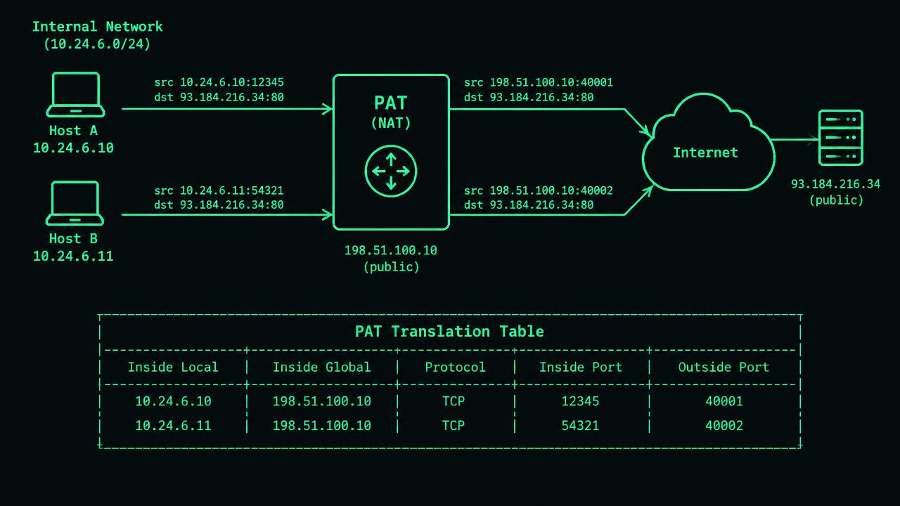 Two internal hosts, 10.24.6.10:51514 and 10.24.6.11:51514, send TCP arrows through a PAT box to 203.0.113.80:443. A mapping table pairs them with 198.51.100.10:40001 and :40002. Reverse arrows restore inside tuples; a separate firewall box is labelled explicit allow and deny policy.