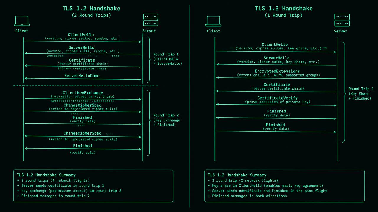 Two sequence diagrams place client and server in vertical columns. TLS 1.2 arrows show ClientHello, server certificate and ephemeral parameters, client key exchange, then Finished messages across two round trips. TLS 1.3 shows ClientHello with key share, ServerHello, encrypted authentication, and client Finished across one round trip.