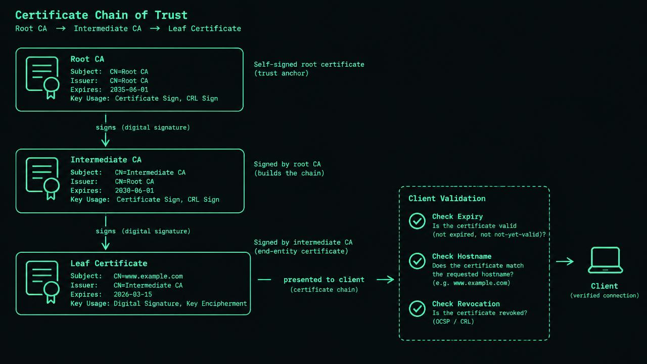 Three boxes form a chain: locally trusted root CA, issuing intermediate CA, and leaf for results.clinic.example. Downward arrows label certificate signatures; upward arrows label client path validation. Beside the leaf, gates check SAN, validity, server-auth usage and revocation; a separate private-key box proves possession without leaving the server.