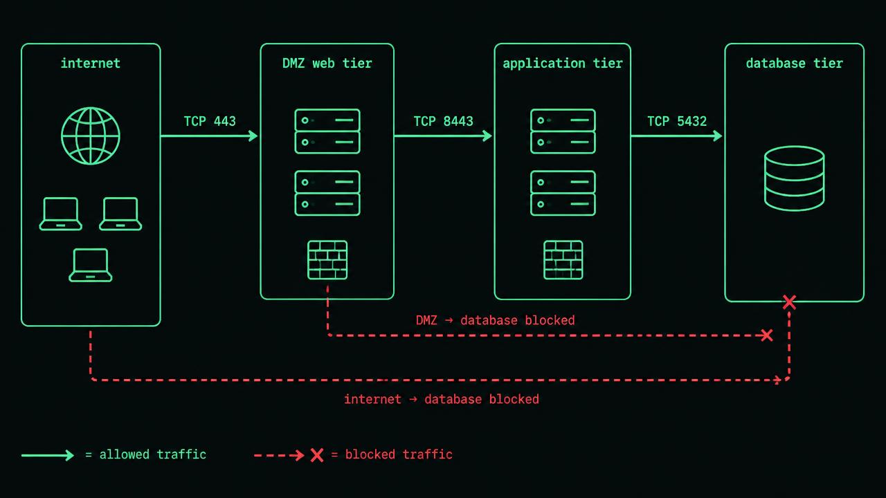 Four boxes show Internet, DMZ web 10.40.10.8, application 10.40.20.8, and database 10.40.30.8. Forward arrows are labelled TCP 443, 8443, and 5432. Red crossed arrows block Internet-to-database and DMZ-to-database; a separate crossed arrow blocks application peer traffic.