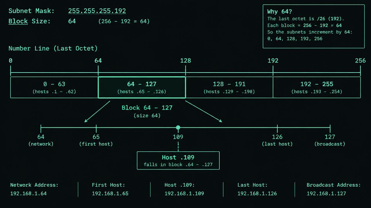 A horizontal 192.0.2.0/24 bar divided into four equal /26 boxes starting at .0, .64, .128 and .192. Enlarge the second box to label network .64, first usable .65, workstation .109, last usable .126 and broadcast .127, with arrows marking the 64-address stride.
