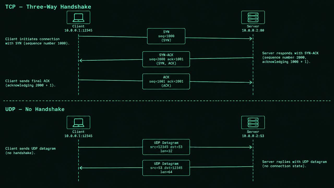Two vertical lifelines labelled client and server show three arrows: SYN seq 100 toward server, SYN ACK seq 700 ack 101 toward client, and ACK seq 101 ack 701 toward server. Below, separate UDP datagrams cross without a handshake or acknowledgement arrows.