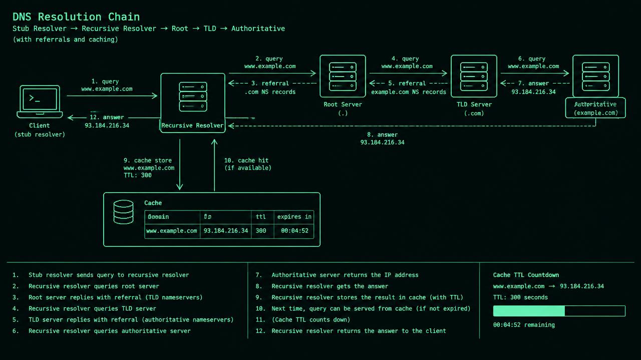 Five boxes labelled stub, recursive resolver, root, TLD and authoritative show a stub request, root and TLD referrals, and an authoritative A response. A cache beside the recursive resolver reads TTL 300 at 09:00 and remaining 180 at 09:02; a warm-cache arrow bypasses upstream boxes.