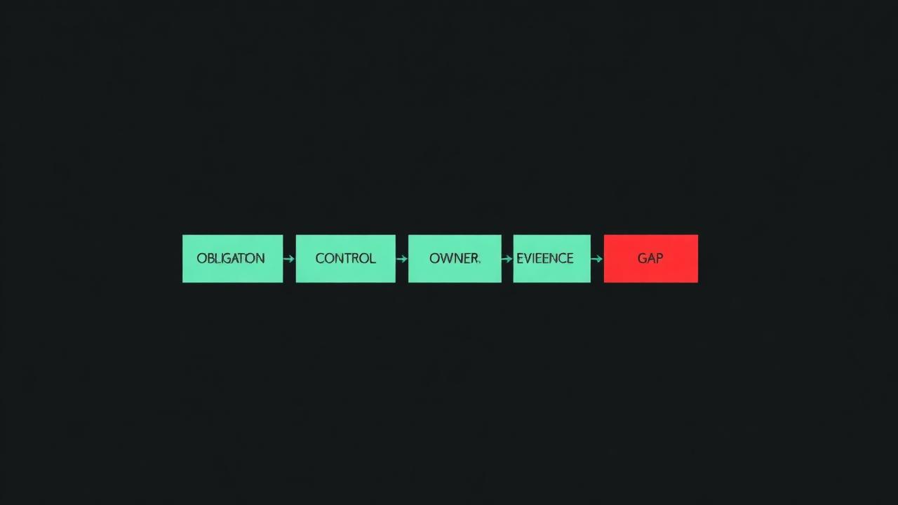 Chain from obligation to control to owner to evidence, ending in a red box marking a row with no evidence artefact.