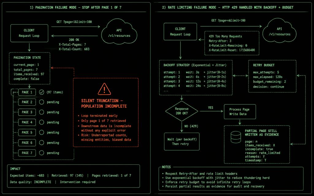 Two panels: a request loop stopping after page one of seven marked silent truncation, and 429 responses handled with exponential backoff and a retry budget with a partial page still written as evidence.