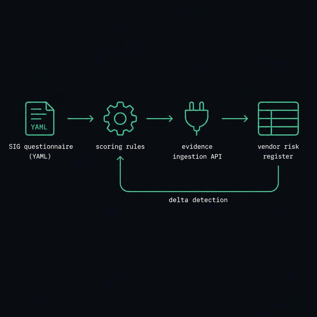 A pipeline from a versioned questionnaire through scoring rules and an evidence ingestion API into a vendor risk register, with a delta-detection loop back to the scoring rules.