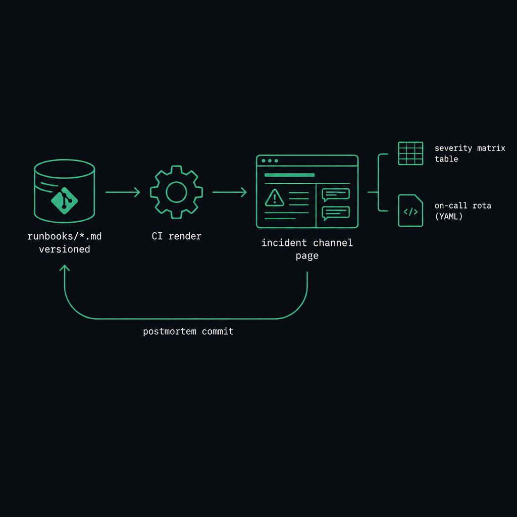 A versioned runbooks repository rendered by CI into the incident channel page, with the severity matrix and on-call rota alongside, and a postmortem commit looping back into the repo.