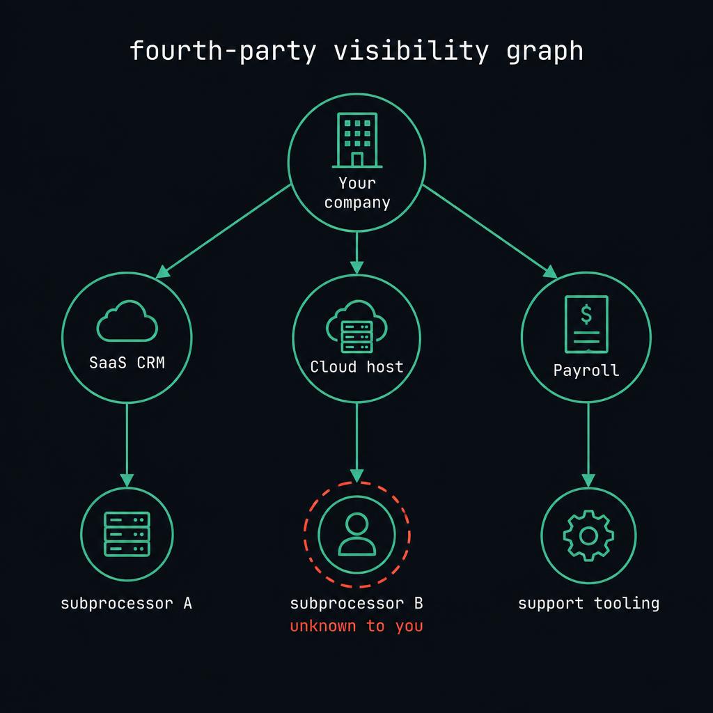 A graph of your company connected to three vendors, each connected to fourth parties, with one fourth party ringed as unknown to you.