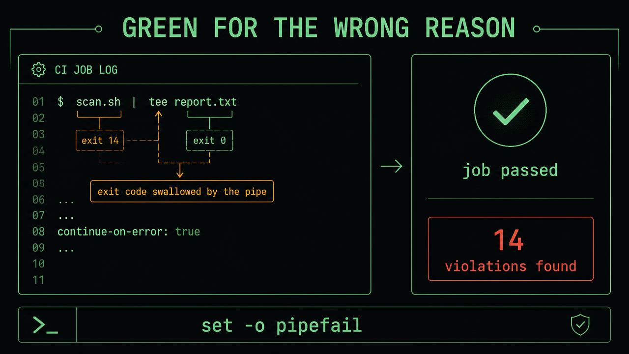 CI job log showing a scanner piped to tee so its exit code is lost, with continue-on-error set true, next to a passing job badge and a count of fourteen violations found.